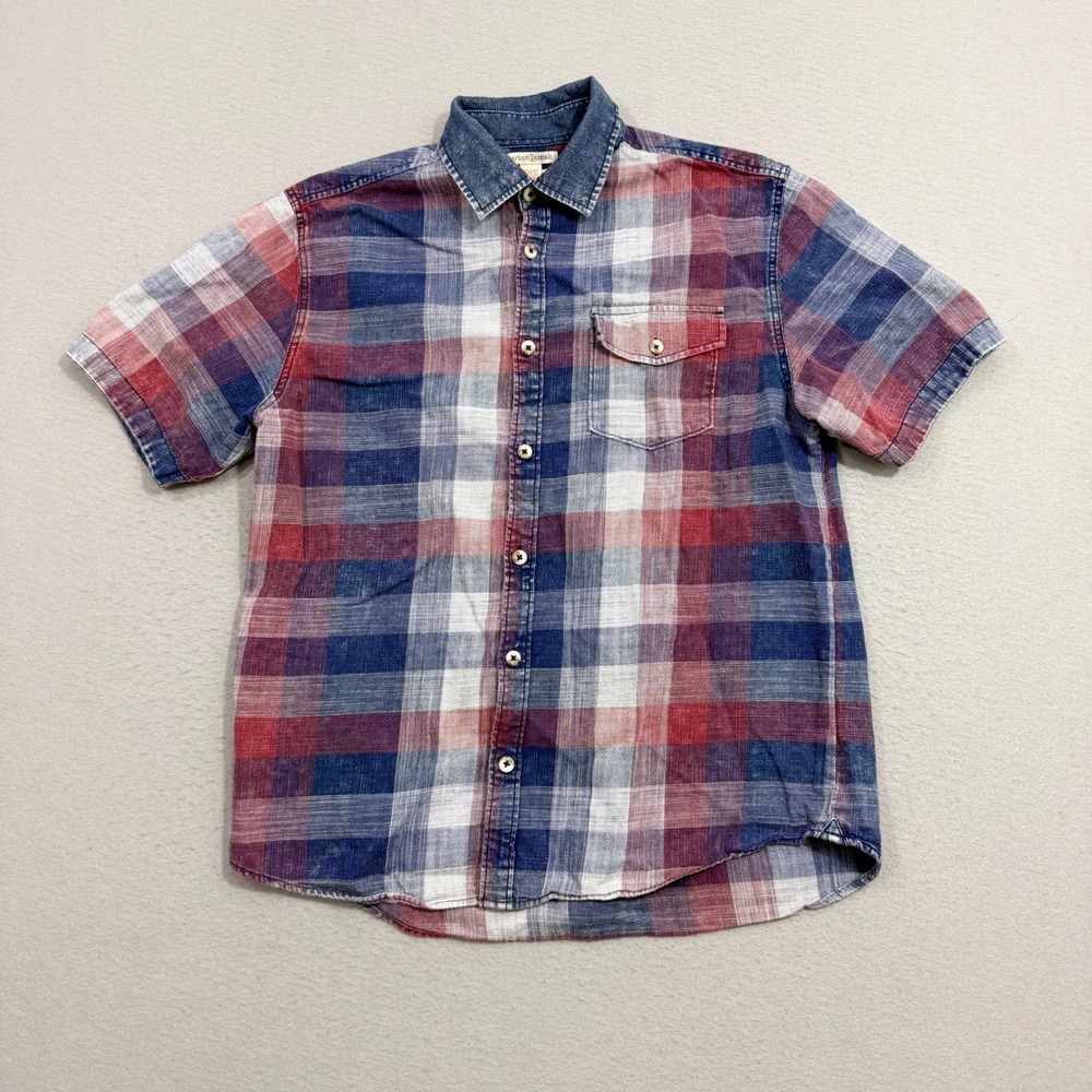 Carbon 2 Cobalt Shirt Medium Red Blue Plaid Button Up Short Sleeve Denim Trim